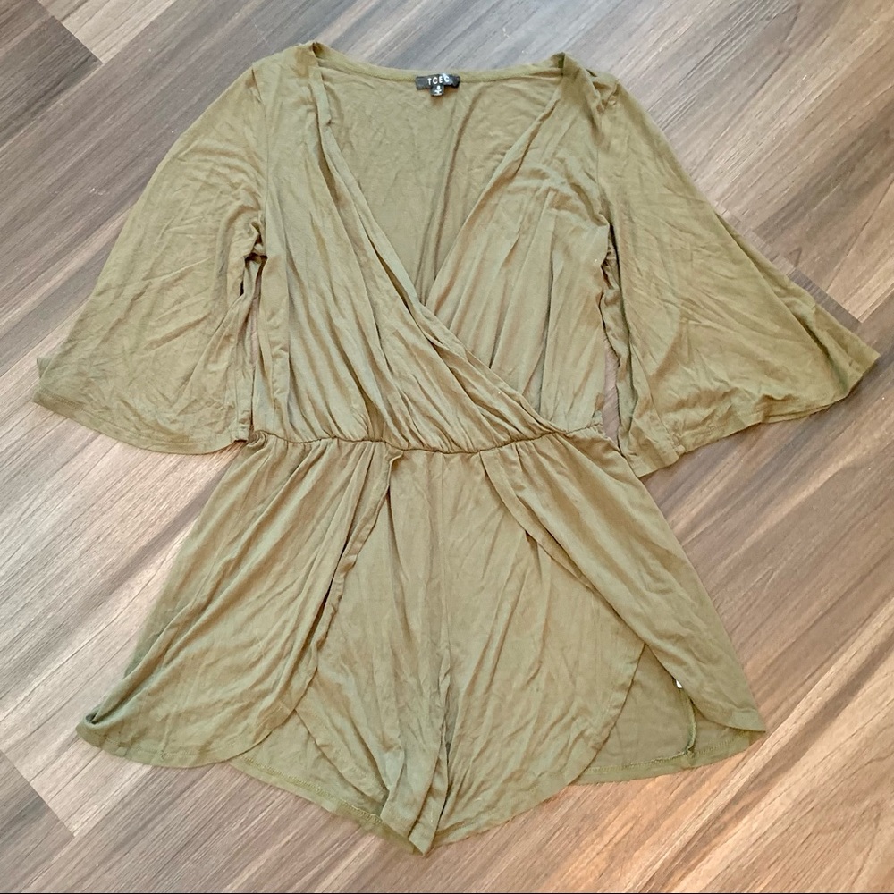 V-neck Olive Green Shorts Romper